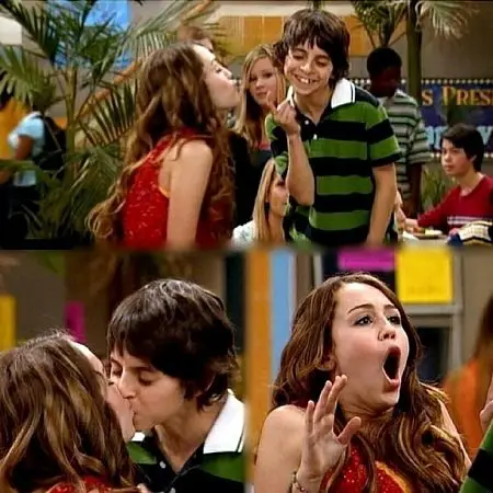 Three pictures from Hannah Montana in the scene where Moises Arias as Rico tricks Miley Stewart for a kiss.