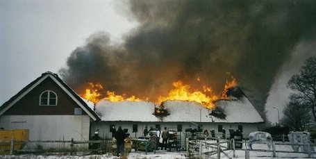 The Factory building's roof burning in blazing fire in Margretetorp.