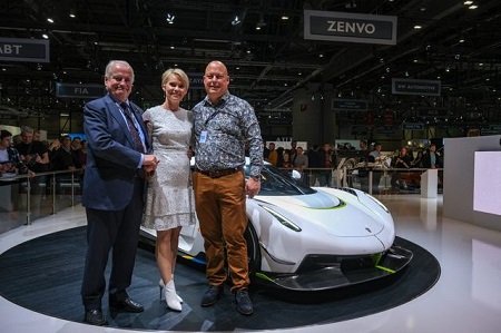 (From left)Jesko (dad), Halldora (wife) and Christian von Koenigsegg in front of the new Koenigsegg Jesko at the 2019 Geneva Motor Show.