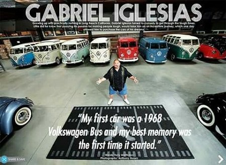 Gabriel Iglesias spreading his arms to showcase his bus/car collection with his statement of the first car being VW written below his image.