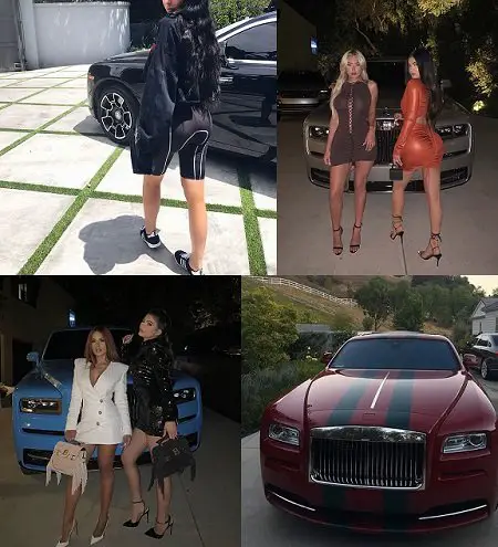 Kylie Jenner and her four Rolls-Royces in four split photos merged.