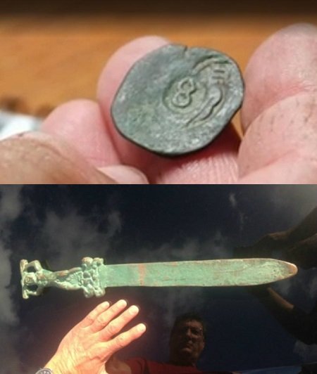 (top) The coin on a hand and (bottom) the sword on the table with Rick's reflection.