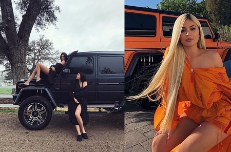 Kylie Jenner with her cars G63s in two split photos.