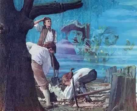 Painting depicting the three boys first digging the depression they found.
