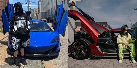 Billie Eilish in two pictures, one with McLaren 720S and one with Koenigsegg One:1.