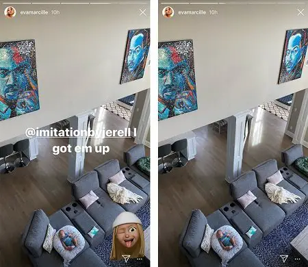 An inside glimpse of Eva Marcille's Living room with her newborn in sight of the paintings mentioned above.