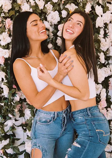Charli and Dixie D'Amelio wearing the Hollister Jeans during a photoshoot.