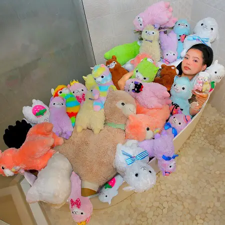 Bella Poarch in a hot-tub of goat & sheep plushies.