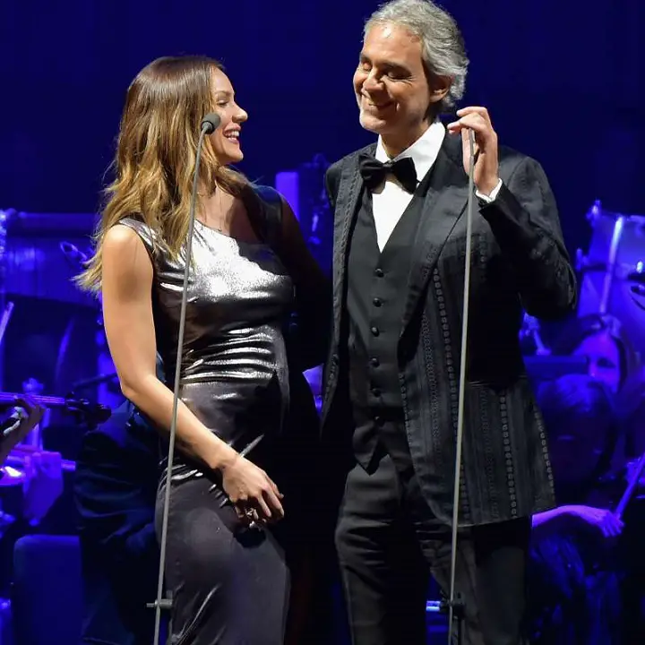 Katharine McPhee and Andrea Bocelli perform at Madison Square Garden on December 15, 2016, in New York City.