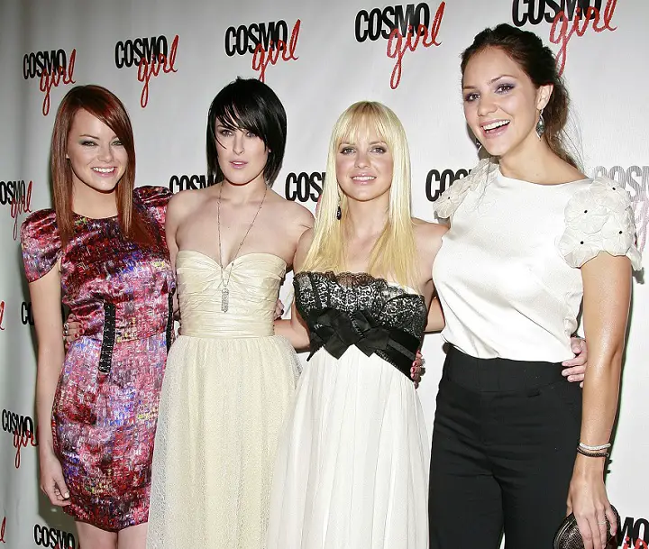  Actresses Emma Stone, Rumer Willis, Anna Faris and Katharine McPhee arrive at the premiere of "The House Bunny" at Hearst Tower on August 18, 2008, in New York City.