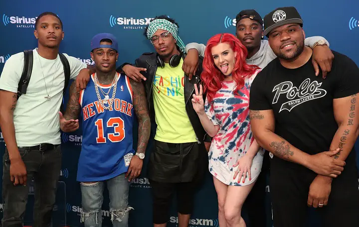  (L-R) Rappers Showwoutt, Conceited, Nick Cannon, Justina Valentine and Hitman Holla pose for photos with SiriusXM host Torae on SiriusXM's Hip Hop Nation on April 24, 2018, in New York City.