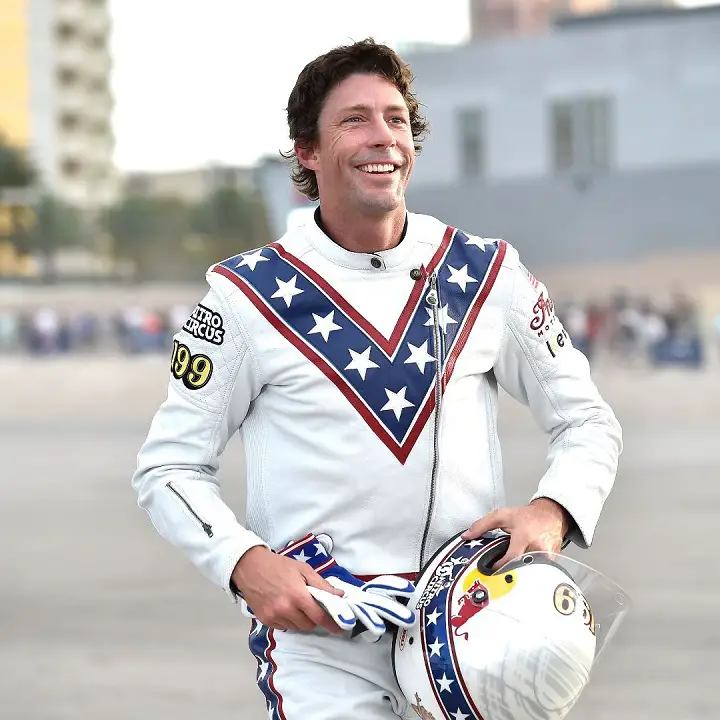 Travis Pastrana in his Evel Knievel costume after complete three of his greatest jumps on a motorbike.
