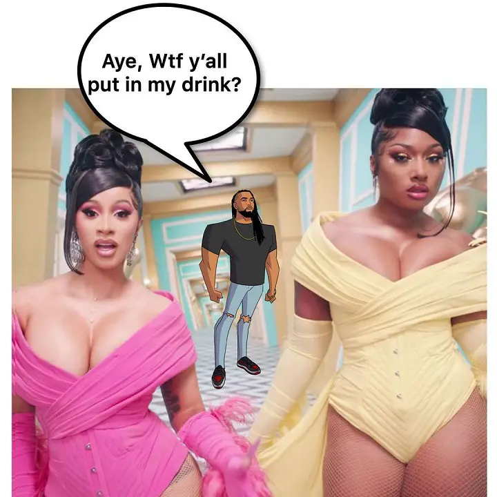 Ace Vane's animated figure photobombing a snapshot of Cardi B and Meghan Thee Stallion in their music video.
