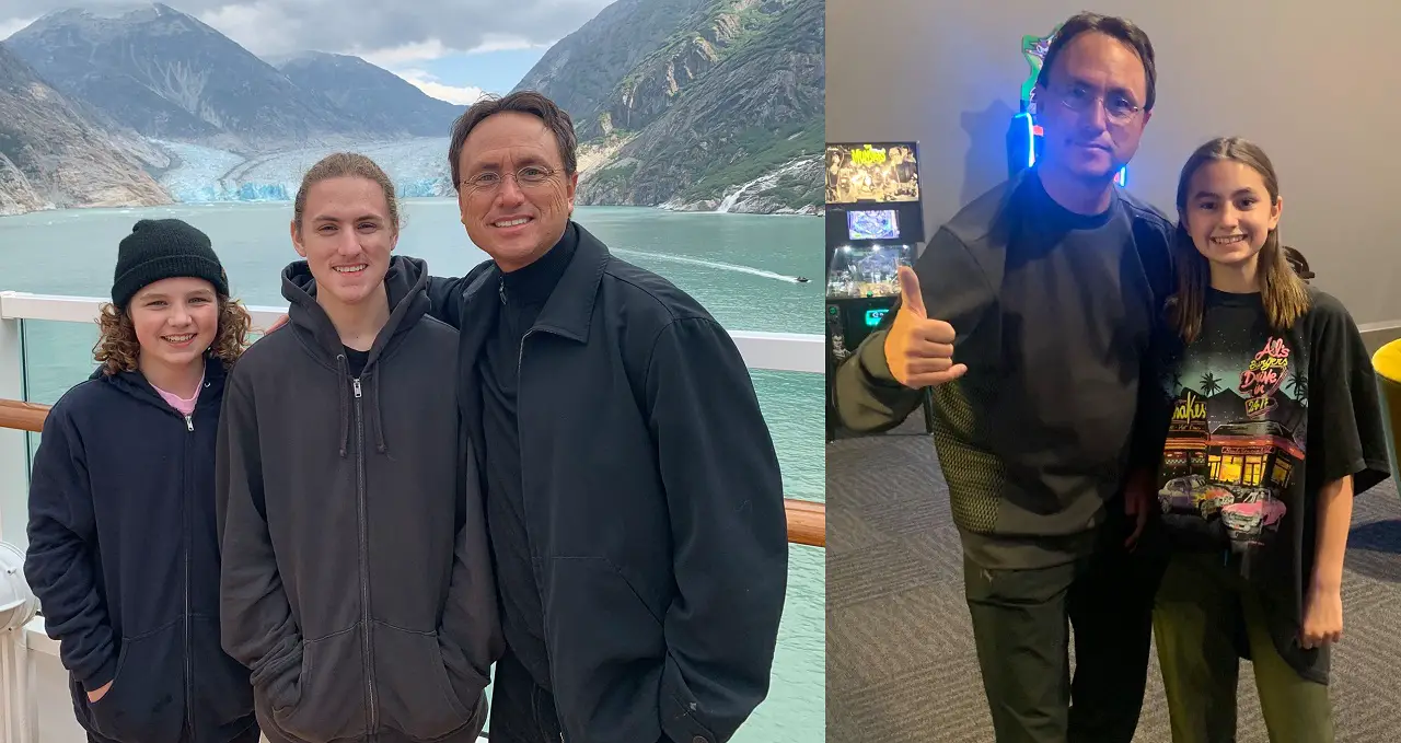 Two Photos. (Left) Brandon Fugal (R) with his sons Hunter (M) and Chase (L). (Right) Brandon Fugal (L) with his daughter Ireland (R).