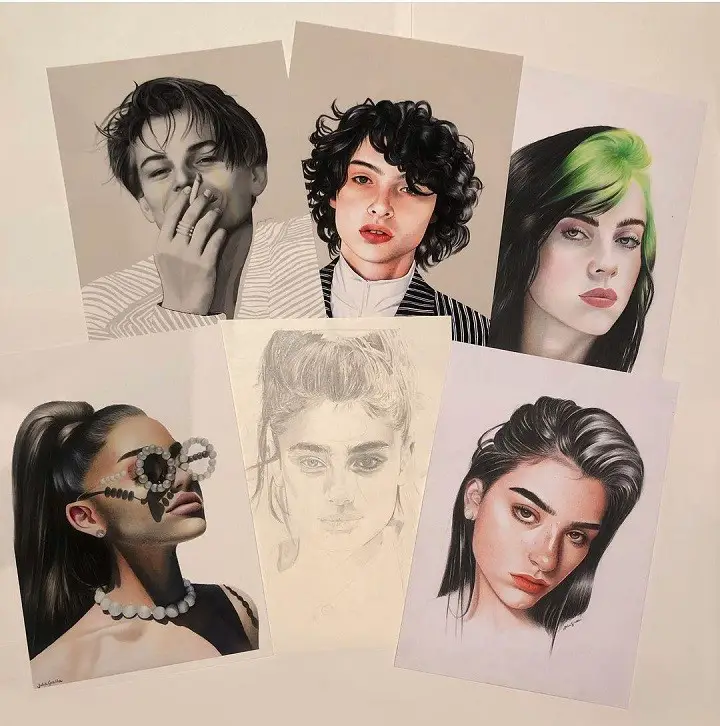 Fully drawn artwork of five celebrities and one unfinished face done by Julia Gisella.