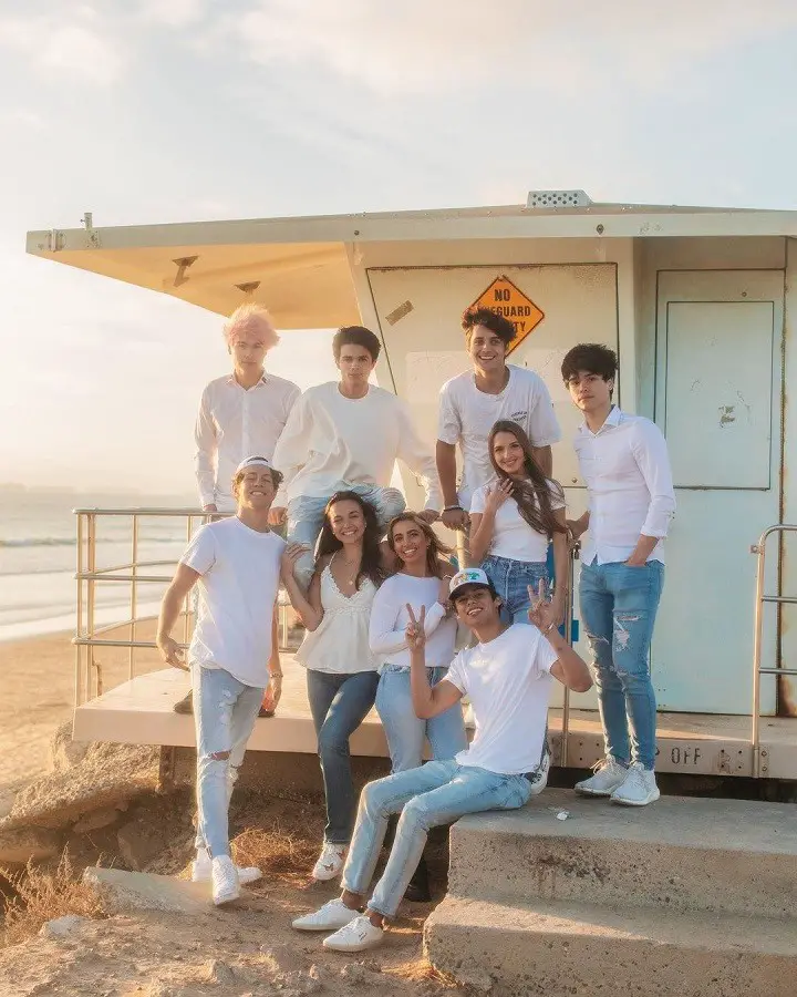 From left to right, top to bottom: AMP World members Alex Stokes, Brent Rivera, Dom Brack, Lexi Rivera, Alan Stokes, Ben Azelart, Pierson Wodzynski, Lexi Hensler and Andrew Davila in matching getup at the beachhouse.