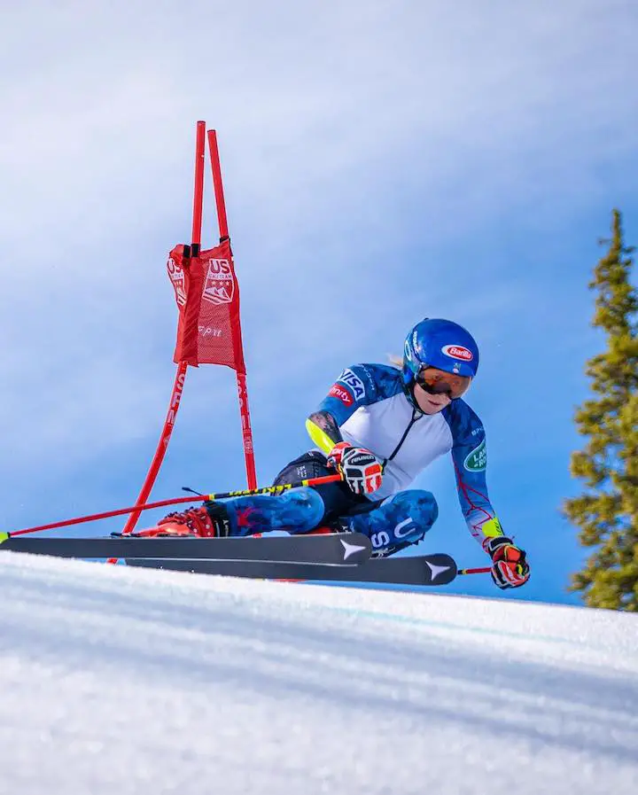 Mikaela Shiffrin during the mid-point of her ski race.