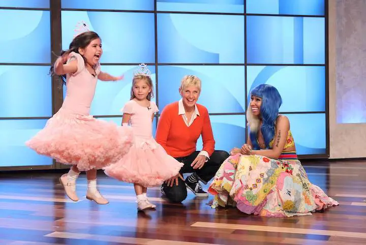 Sophia Grace McClelland (left) and cousin Rosie McClelland (second left) with Ellen DeGeneres (second right) and Nicki Minaj (right) during their appearance on The Ellen Degeneres Show for the first time as kids.