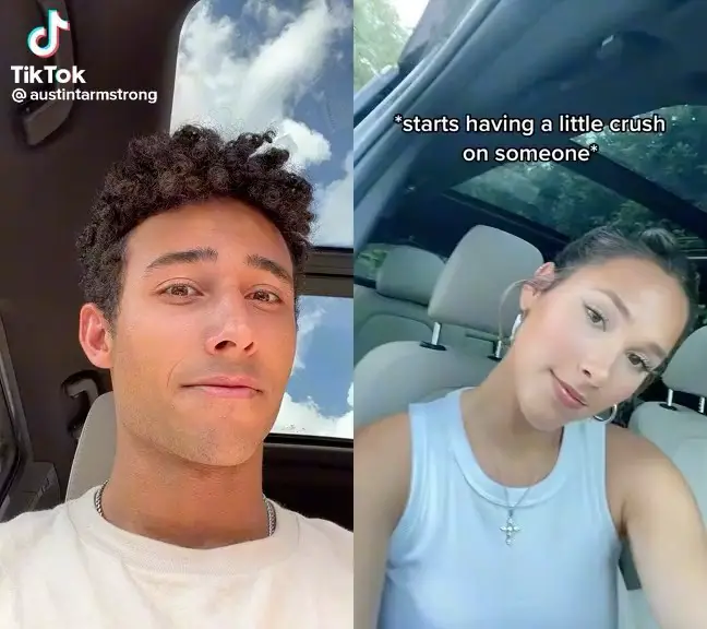 A snapshot of Austin Armstrong's TikTok clip of him reacting to a video by Allie Schnacky (right) taking about her crush.