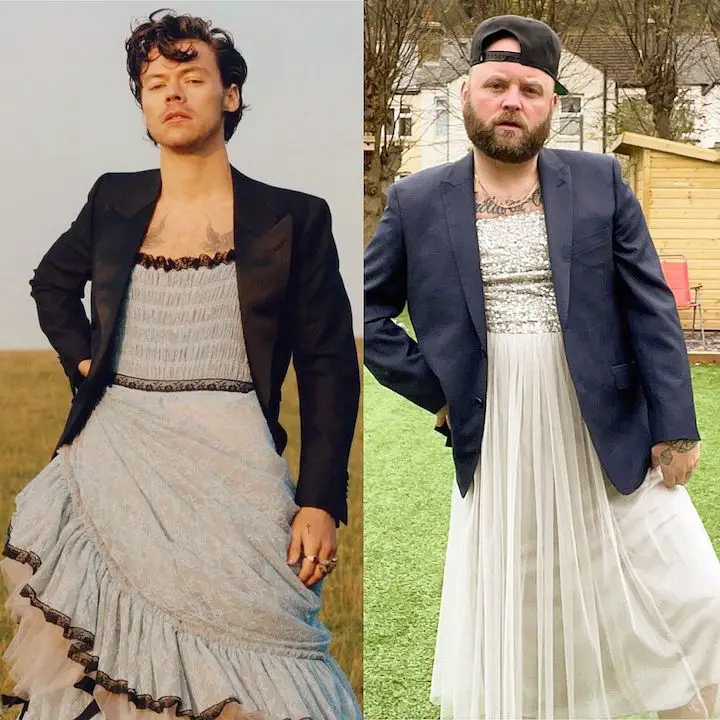 Arron Crascall on the right copying the dress that Harry Styles is wearing on the left, including the jacket.