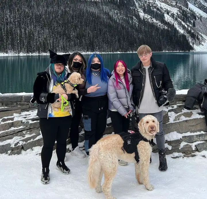 (L-R) KREW members LunarEclipse holding a small dog, GoldenGlare, ItsFunneh, PaintingRainbows, and DraconiteDragon with another large dog tagged itsdoggeh in front of them.