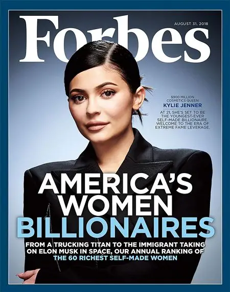 Kylie on the cover of August 2018 issue of Forbes. Kylie Cosmetics was valued at $900 million back then.