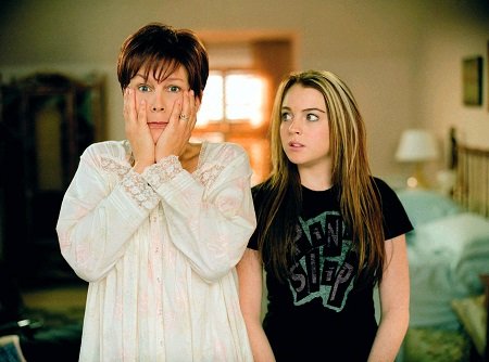 Jamie Lee Curtis and Lindsay Lohan in Freaky Friday as they both realize they had switched their bodies.