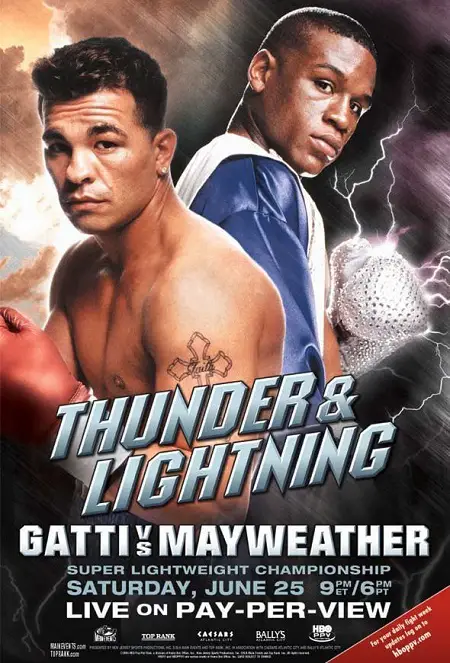 Floyd Mayweather vs. Arturo Gatti Pay-per-view cover, titled 'Thunder & Lightning' between the two photoshopped facing opposite to each other.
