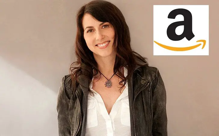 MacKenzie Bezos smiling beautifully with an amazon logo on the top right corner of the photo (only 'a' and the arrow). Jeff Bezos's ex-wife has a net worth of $35 billion after the divorce.