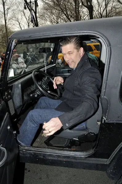 Stephen Baldwin takes a drive in his Jeep Wrangler in New York City. (April 8, 2011) Him coming out of the jeep with a weird face.