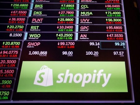 The stock board showing Shopify's stock value declining back in 2017.