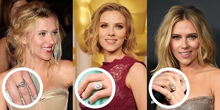 Photos of Scarlett Johansson with pop-up photos of the rings from her three different engagements.