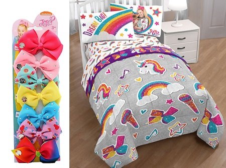 JoJo Siwa's bow line and a whole bedroom decor side by side photo.