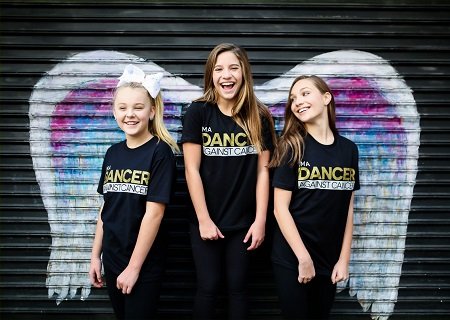 JoJo Siwa (L), Mackenzie Ziegler (C) and Maddie Ziegler (R) promoting I’m A Dancer Against Cancer’s new “Angels & Warriors” tee.