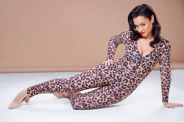 Sarah Cooper in a leopard costume.