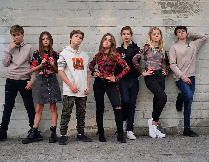 Piper Rockelle's Squad (L-R): Walker Bryant, Sophie Fergi, Hayden Haas, Piper Rockelle, Sawyer Sharbino, Indi Star and Jentzen Ramirez.