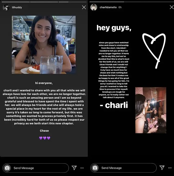 Charli D'Amelio and Chase Hudson's separation announcement on Instagram Stories.