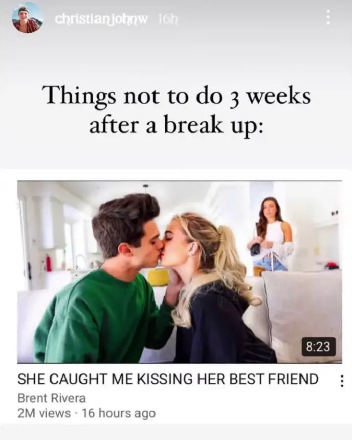 Christian Wilson's response to Lexi Hensler's Prank kiss on Brent Rivera: Things not to do 3 weeks after a break up.