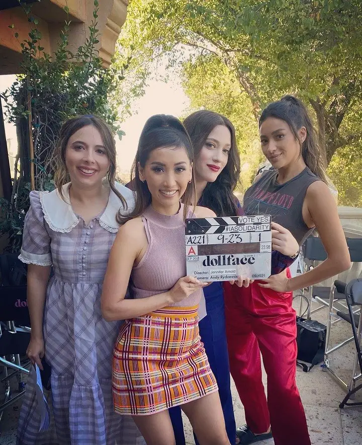 (From Left) Esther Povitsky with Brenda Song, Kat Dennings and Shay Mitchell, with Song holding the 'Dollface' clipper.