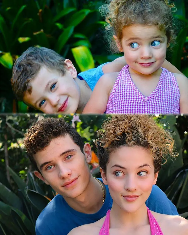 Two photos, top and bottom, of Sofie Dossi (right) and her brother Zak Dossi (left) as children and currently mimicing their past poses.