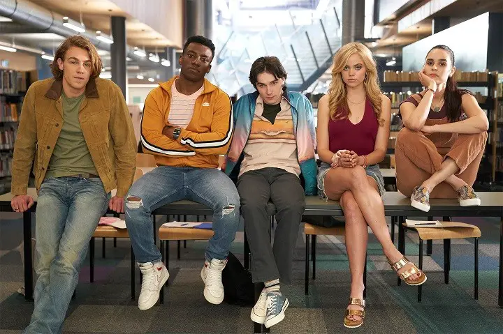 From left: troublemaker Nate (Cooper van Grootel), jock Cooper (Chibuikem Uche), outcast Simon (Mark McKenna), popular Addy (Annalisa Cochrane) and brainy Bronwyn (Marianly Tejada) from 'One of Us Is Lying'.