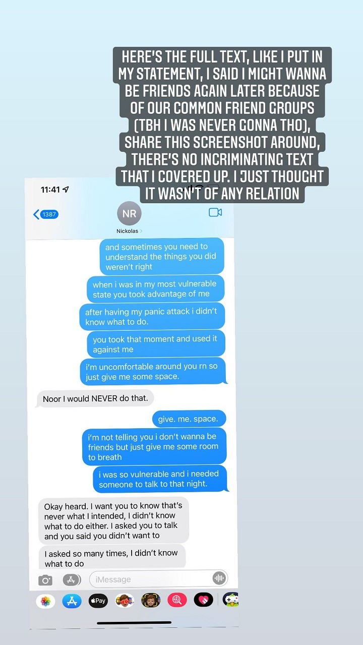 Noor Dabash's exchange with Nickolas Ray without hiding the parts she hid in the TikTok video.