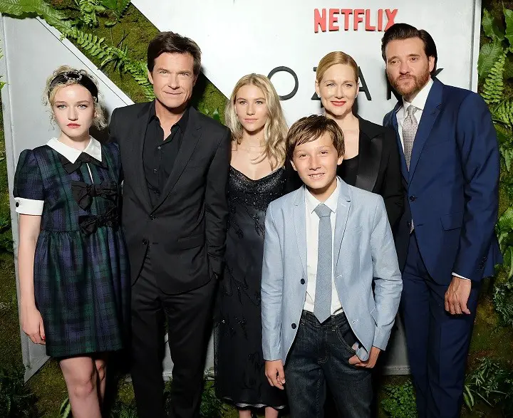 (From left to right) The Cast of Ozark: Julia Garner, Jason Bateson, Sofia Hublitz, Skylar Gaertner, Laura Linney, and Jason Butler Harner, at the Netflix premiere.