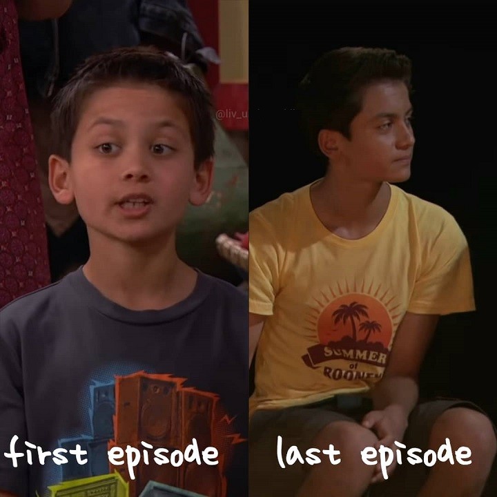Tenzing Norgay Trainor as Parker Rooney in his first (left) and his last episode (right) of Liv and Maddie.