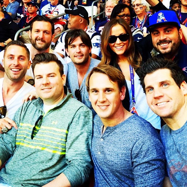 Kay Adams (second from top right) with Danny Amendola and some of their friends taking a selfie during an attendance at the 2015 Super Bowl.