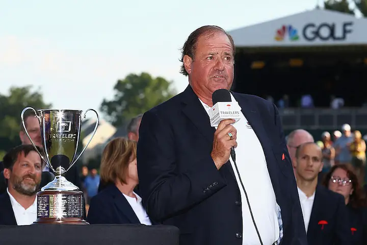  Broadcaster Chris Berman of ESPN speaks during the trophy presentation after Jordan Spieth of the United States , won the Travelers Championship in a playoff against Daniel Berger of the United States at TPC River Highlands on June 25, 2017 in Cromwell, Connecticut.