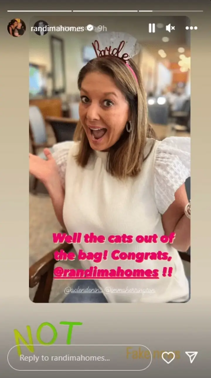 An Instagram repost where Randi Mahomes says "no, fake news" on a repost of a photo of her wearing a headband that says "tiara" and caption congratulating her.